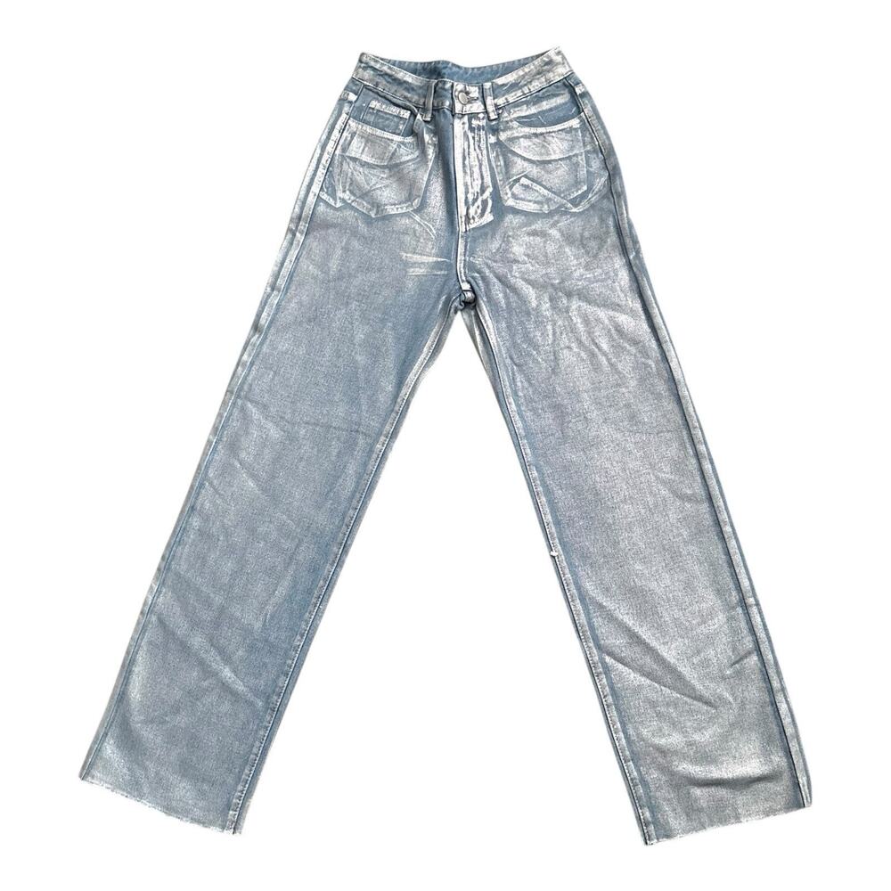 Shein Bae Silver Metallic Coated Blue Raw Hem High Rise Straight Jeans Size 25
